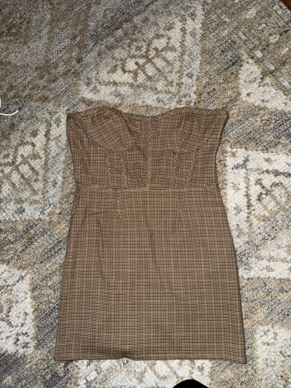 Pull&Bear Strapless Brown Plaid Bodycon Dress